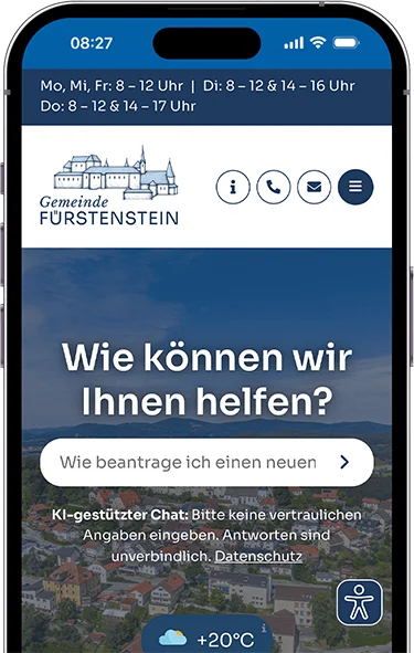 Die Gemeinde-App „Mein Fürstenstein" auf einem Smartphone mit Suchfunktion für Anliegen